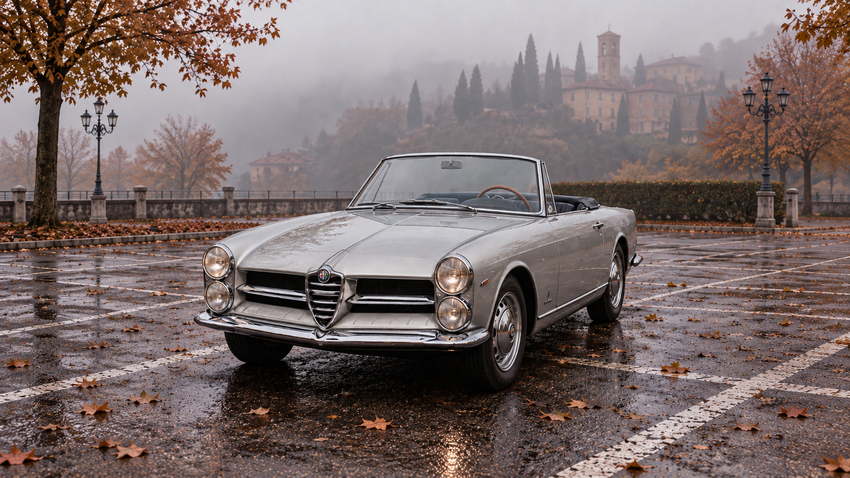 Vintage Alfa Romeo convertible in an open parking lot in Milan